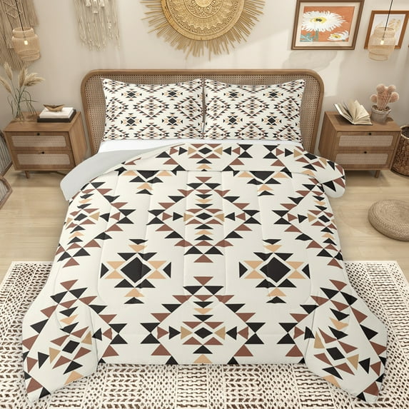Homewish Boho Aztec Bedding Comforter Set,Retro Geometric Triangle Twin Comforter Sets,Beige Black Brown Bedding Set For Girl Boy,Ultra Soft Home Decor Reversible,2-Piece