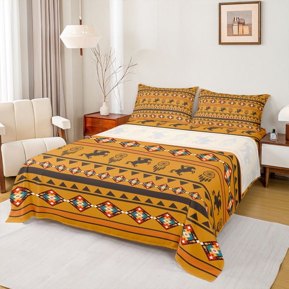 Homewish Boho Aztec Full Size Sheets,Western Cowboy Dreamcatcher Bed Sheets,Orange Brown Sheet Sets For Adult,Microfiber Bedroom Decor,4pcs