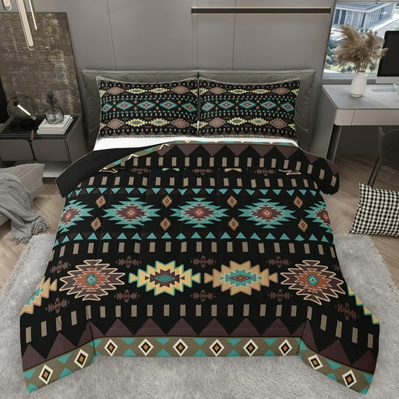 Homewish Boho Aztec Print Full Size Comforter Sets,Retro Bohemian Geometric Bedding Comforter Set,Brown Cyan Bedding Sets For Adult,Ultra Soft Home Decor Reversible,3 Pieces
