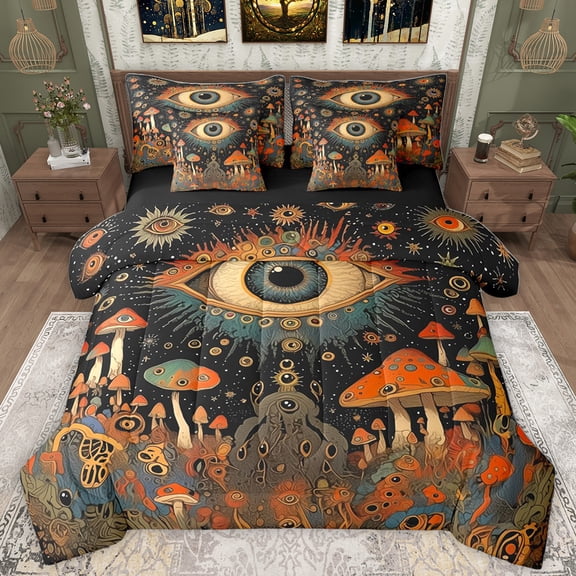 Homewish Boho Bohemain 7-Piece Twin Bedding Sets,Rustic Fungus Mushroom Bedding Comforter Set,Orange Black Sheet Sets For Kids,Super Cozy Room Decor Reversible
