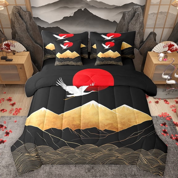 Homewish Boho Bohemain 7pcs Bedding Comforter Set,Japanese Ukiyoe Queen Bedding Sets,Red-Crowned Crane Queen Sheet Sets For Adults,Breathable Home Decor Reversible