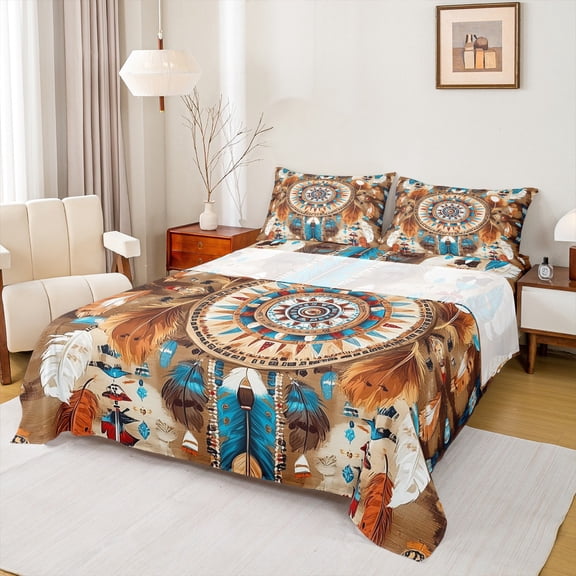 Homewish Boho Bohemain Dreamcatcher Bed Sheets,Western Country Farmhouse King Sheets,Brown Beige Cyan Sheet Set For Men Women,Breathable Home Decor,4pcs
