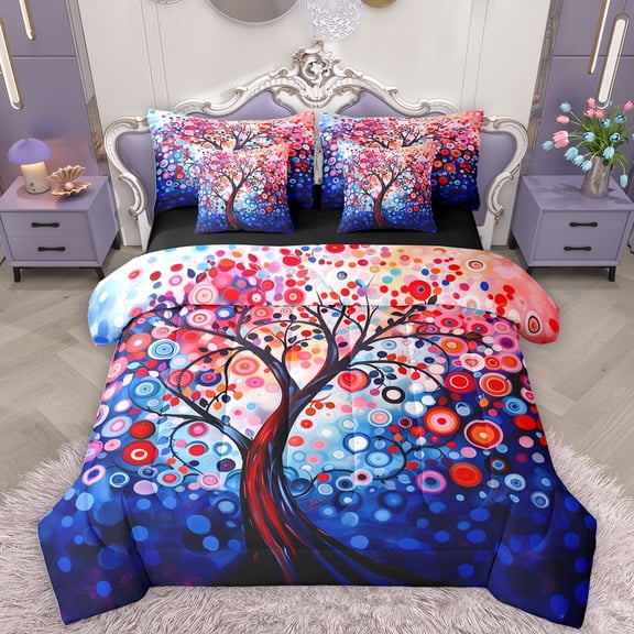 Homewish Boho Bohemain Pattern 7pcs Bedding Comforter Set,Colorful Polka Dots Queen Bedding Sets,Blue Red Queen Sheet Sets For Adults,Breathable Home Decor Reversible