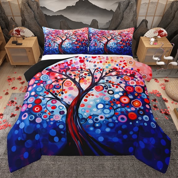 Homewish Boho Bohemain Pattern Bedding Comforter Set,Colorful Polka Dots Twin Comforter Sets,Blue Red Bedding Set For Adults,Breathable Home Decor Reversible,2-Piece