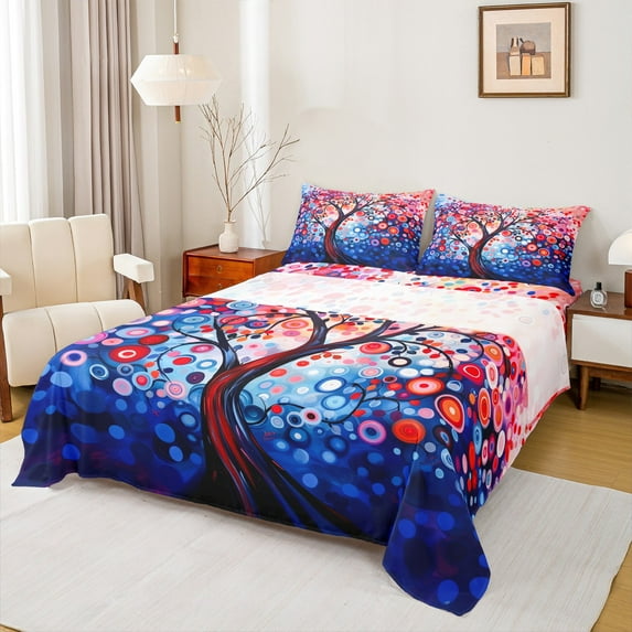 Homewish Boho Bohemain Pattern Full Size Sheets,Colorful Polka Dots Bed Sheets,Blue Red Sheet Sets For Adults,Breathable Home Decor,4 Pieces