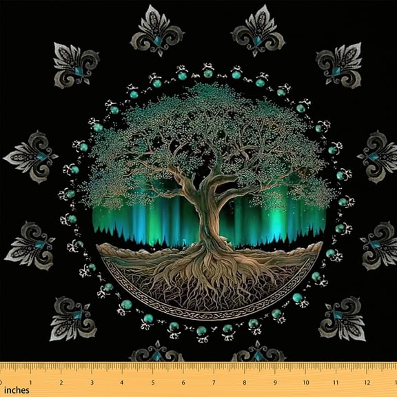 Homewish Boho Bohemain Print Fabric by the Yard 1 Yard,Retro Tree Of Life Home Decor Fabric by the Yard,Green Brown Black Sewing Fabric For Adult,Microfiber Bedroom Decor