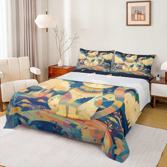 Homewish Boho Bohemain Style Twin Sheet Sets,Retro Cat Kitten Twin Fitted Sheet,Beige Blue Flat Sheet For Girl,Microfiber Bedroom Decor,3 Pieces