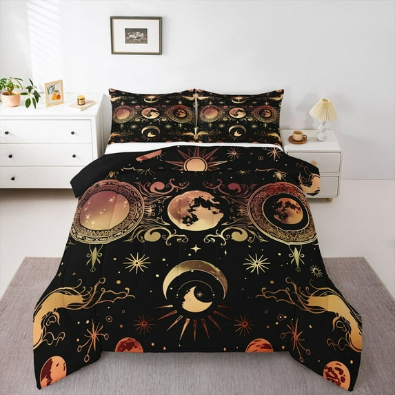 Homewish Boho Bohemain Theme Full Size Comforter Sets,Retro Sun Moon Bedding Comforter Set,Gold Black Bedding Sets For Teens,Super Cozy Room Decor Reversible,3-Piece