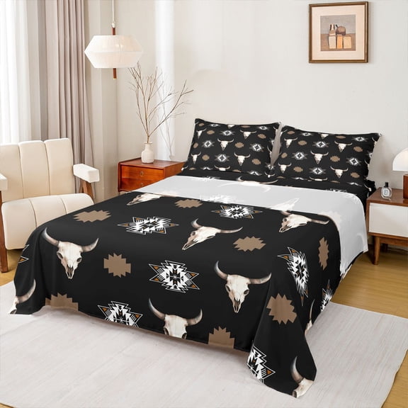Homewish Boho Bohemain Tribal Bed Sheets,Country Western Bull Skull King Sheets,Brown Black Sheet Set For Boys Kids,Luxury Bedroom Decor,4pcs
