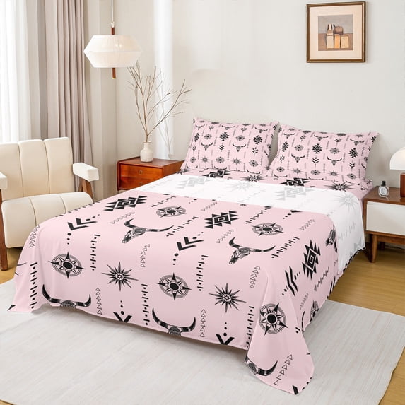 Homewish Boho bull skull Full Sheet Set (4-Piece) bohemian exotic style Decor For Boys Kids