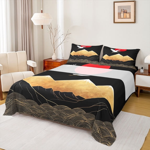 Homewish Boho Bohemain Twin Sheet Sets,Japanese Ukiyoe Twin Fitted Sheet,Red-Crowned Crane Flat Sheet For Adults,Breathable Home Decor,3-Piece