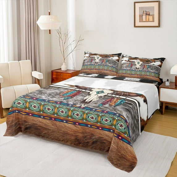 Homewish Boho Bull Skull King Sheet Set (4-Piece) Cattle Hide Tribal Decor For Boys