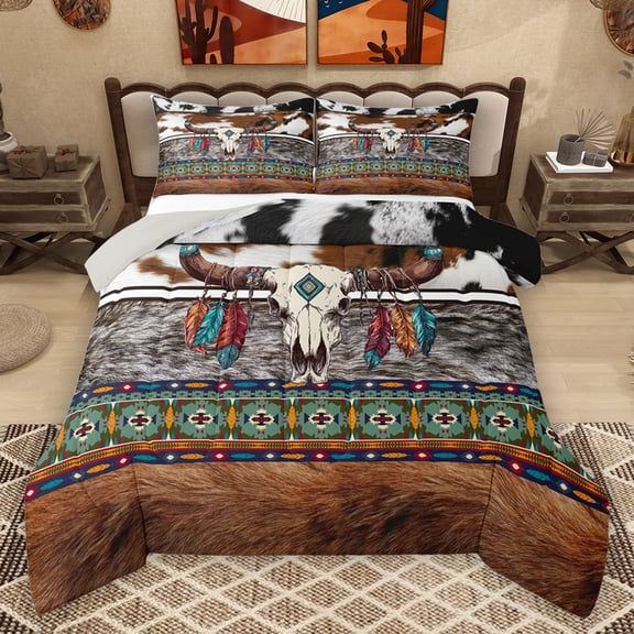 Homewish Boho Bull Skull Bedding Comforter Set,Country Cattle Hide Twin Comforter Sets,Bohemian Tribal Bedding Set For Boys,Luxury Bedroom Decor Reversible,2 Pieces