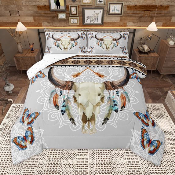 Homewish Boho Bull Skull Bedding Comforter Set,Retro Rustic Farmhouse Twin Comforter Sets,Vintage Aztec Geometric Bedding Set For Boys Kids,Super Cozy Room Decor Reversible,2-Piece