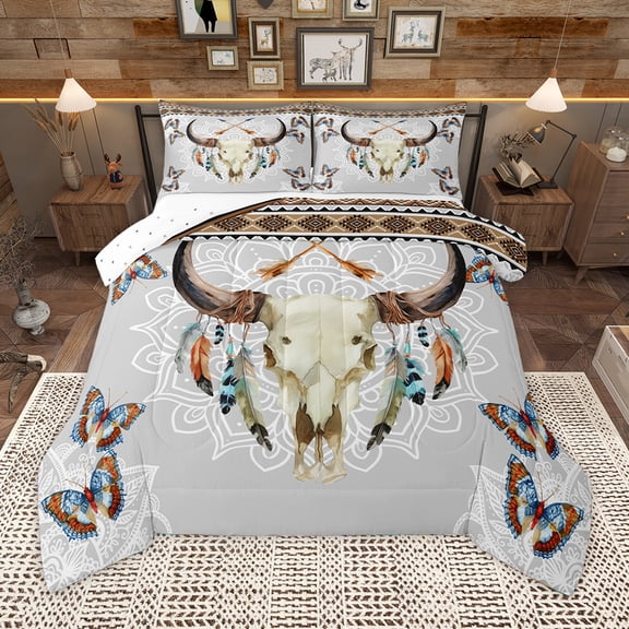Homewish Boho Bull Skull Bedding Comforter Set,Retro Rustic Farmhouse Twin Comforter Sets,Vintage Aztec Geometric Bedding Set For Boys Kids,Super Cozy Room Decor Reversible,2-Piece