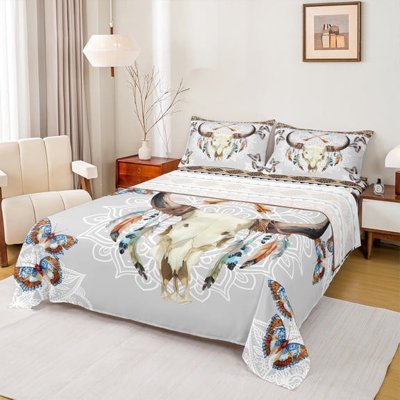 Homewish Boho Bull Skull Twin Sheet Sets,Retro Rustic Farmhouse Twin Fitted Sheet,Vintage Aztec Geometric 03 For Boys Kids,Super Cozy Room Decor,3-Piece