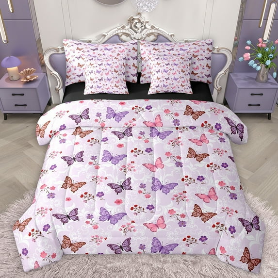 Homewish Boho Butterfly 7-Piece Twin Bedding Sets,Rustic Flower Bedding Comforter Set,Pink Purple Sheet Sets For Girls Kids,Luxury Bedroom Decor Reversible