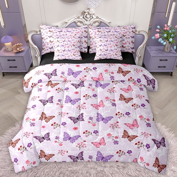 Homewish Boho Butterfly 7-Piece Twin Bedding Sets,Rustic Flower Bedding Comforter Set,Pink Purple Sheet Sets For Girls Kids,Luxury Bedroom Decor Reversible