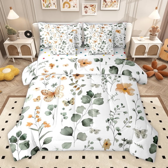Homewish Boho Butterfly Moth 7-Piece Bedding Comforter Set,Rustic Leaves King Bedding Sets,Green White Bed Sheets For Kids,Ultra Soft Home Decor Reversible