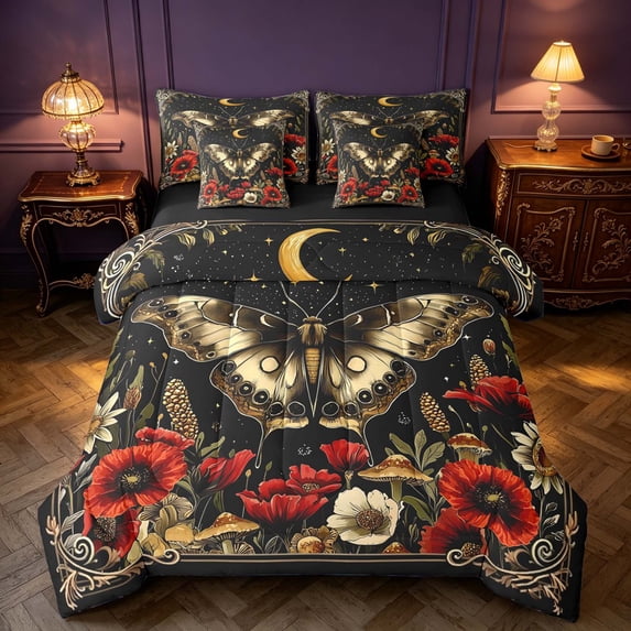 Homewish Boho Butterfly Queen Bedding, Mushroom Floral Leaf Bedding Comforter Set Queen, Black Reversible 7 Pieces