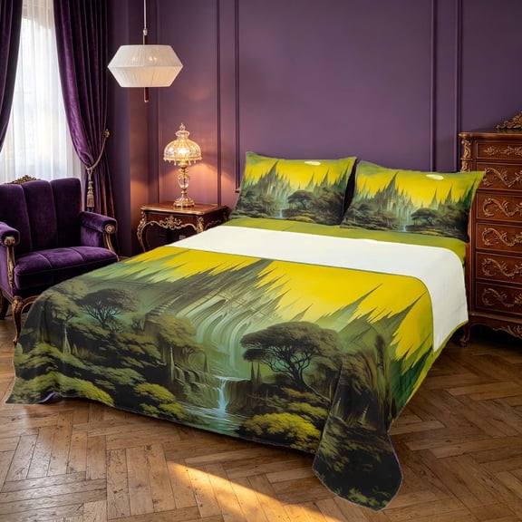 Homewish Boho Castle Bed Sheets, Full Moon Print Full Size Sheets, Green, 4pcs, 1 Flat Sheet, 1 Fitted Sheet and 2 Pillowcases