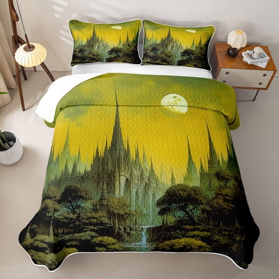 Homewish Boho Castle Bed Spread Queen, Full Moon Print Queen Coverlet Set, Green, 3pcs 1 Quilt and 2 Pillowcases