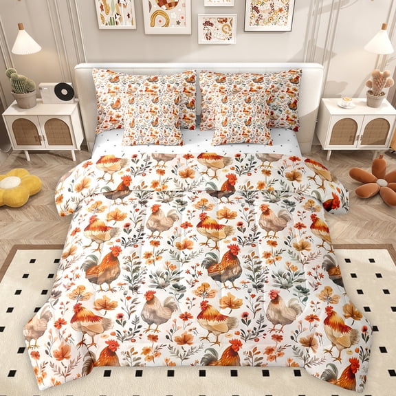 Homewish Boho Chicken 7-Piece Bedding Comforter Set,Rustic Flower King Bedding Sets,Orange White Bed Sheets For Men Women,Microfiber Bedroom Decor Reversible