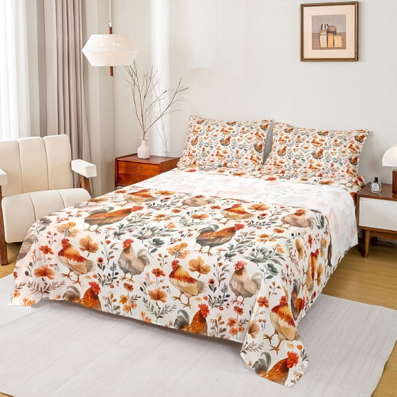 Homewish Boho Chicken Twin Sheet Sets,Rustic Flower Twin Fitted Sheet,Orange White Flat Sheet For Men Women,Microfiber Bedroom Decor,3 Pieces