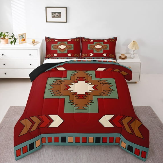 Homewish Boho Cross Rhombus Full Size Comforter Sets,Vintage Bohemian Bedding Comforter Set,Red Green,Black Reversible,3 Pieces,1 Comforter and 2 Pillowcases