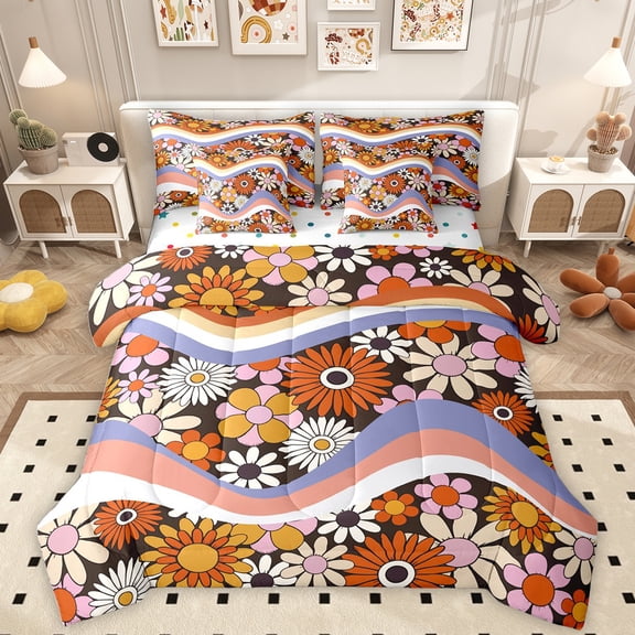 Homewish Boho Daisy 7-Piece Bedding Comforter Set,Retro Bohemain Floral King Bedding Sets,Waves Striped Bed Sheets For Teens,Luxury Bedroom Decor Reversible