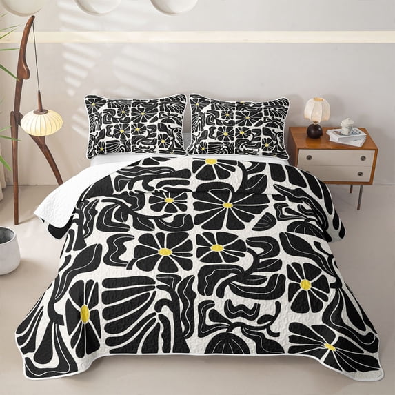 Homewish Boho Daisy Flower Quilt King,Contemporary Aesthetic King Coverlet Set,White Black,3pcs