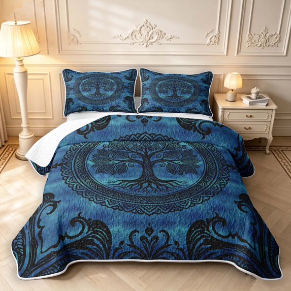 Homewish Boho Damask Nature Tree Twin Quilt Set,Botanical Design Twin Coverlet Set,Black Blue,Black Reversible,2pcs