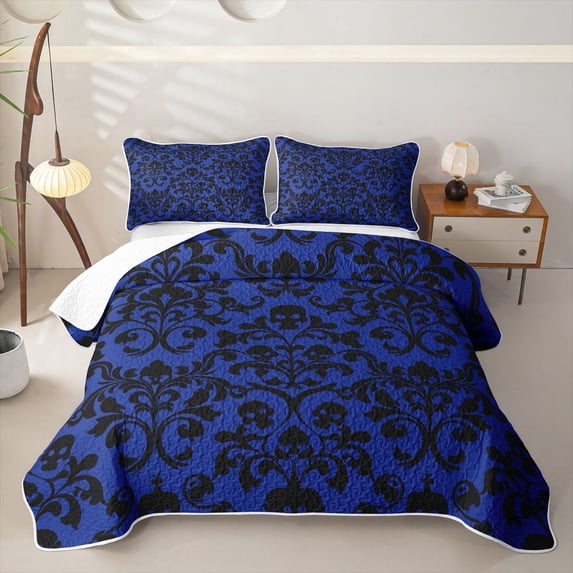 Homewish Boho Damask Skull Quilt Full for Boys Girls, Royal Blue Gothic Halloween Full Bedspread Sets, 3pcs