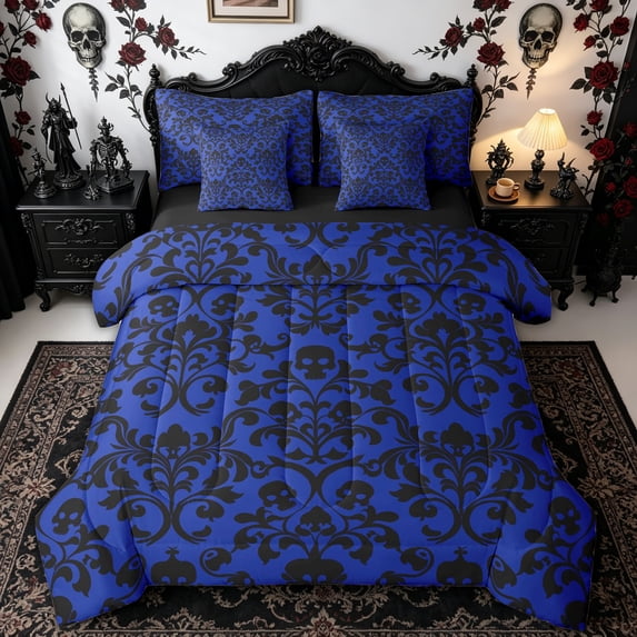 Homewish Boho Damask Skull Twin Bedding for Kids, Royal Blue Gothic Halloween Bedding Comforter Set, Black Reversible, 7pcs