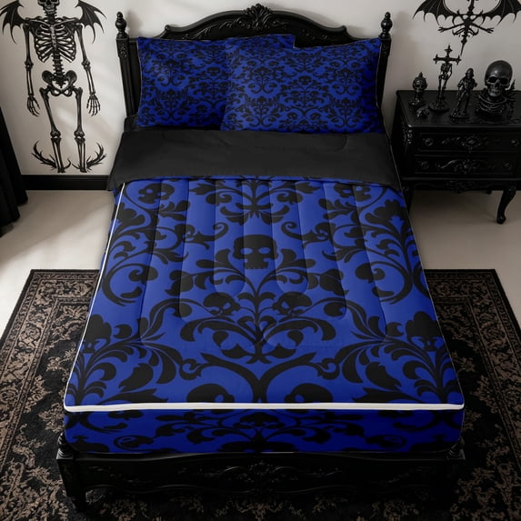 Homewish Boho Damask Skull Zipper Twin Comforter Sets with Fitted Sheet and 2 Pillowcases for Kids, Royal Blue Gothic Halloween Zipper Bedding Set, Black Reversible, 4pcs