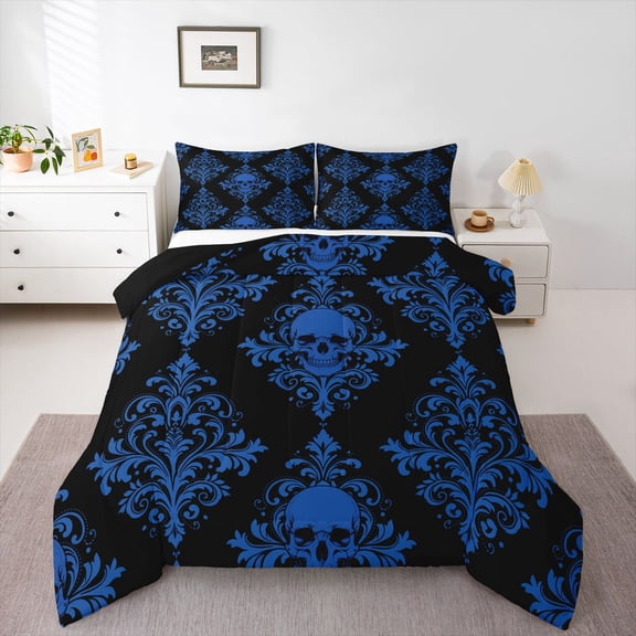 Homewish Boho Death Skull Queen Comforter Set,Vintage Damask Comforter Sets Queen,Blue,Halloween Duvet,Black Reversible,3pcs,1 Comforter and 2 Pillowcases