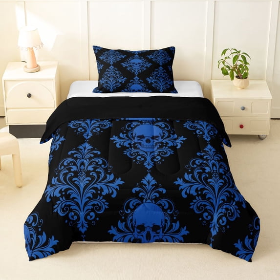 Homewish Boho Death Skull Twin Comforter Sets,Vintage Damask Bedding Set,Blue,Halloween Duvet,Black Reversible,2-Piece,1 Comforter and 1 Pillowcase