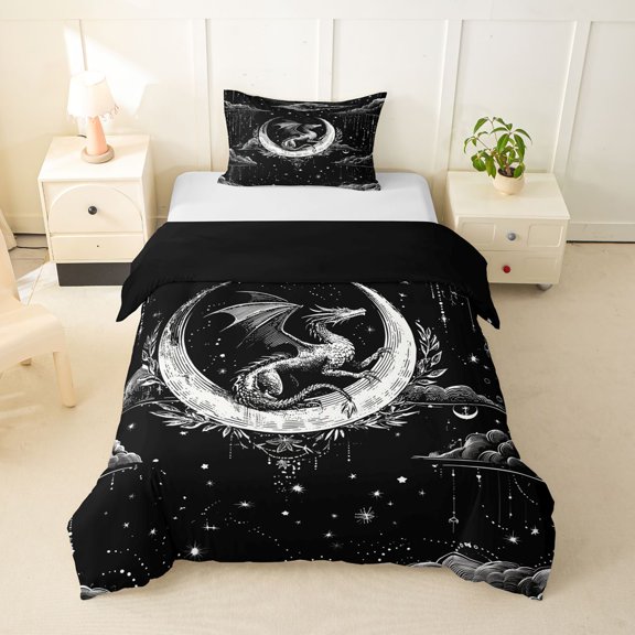 Homewish Boho Dragon Twin Duvet Cover,Hippie Moon Print Twin Bedding,Black White,Black Reversible,2 Pieces,1 Duvet Cover and 1 Pillowcase