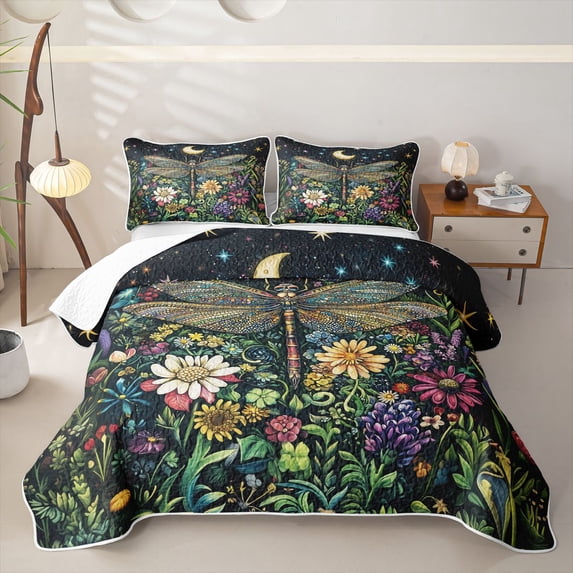 Homewish Boho Dragonfly Quilt King,Colorful Flower Floral King Coverlet Set,3 Pieces