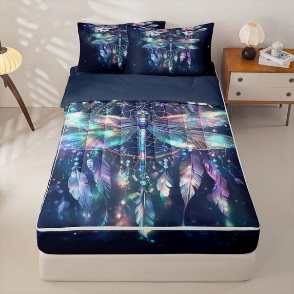 Homewish Boho Dragonfly Zipper Full Size Comforter Sets with Fitted Sheet and 2 Pillowcases,Hippie Dreamcatcher Zipper Bedding Set,Navy Blue Reversible,4 Pieces