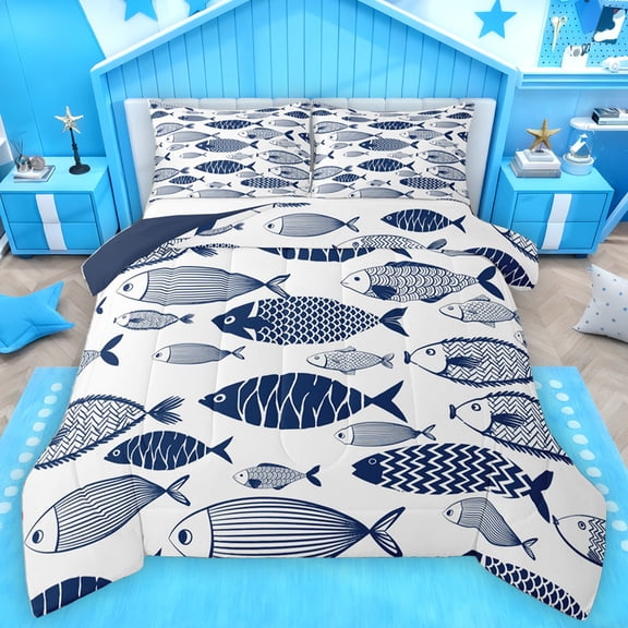 Homewish Boho Fish Bedding Comforter Set,Bohemain Theme Twin Comforter Sets,Deepblue White Bedding Set For Boys Kids,Breathable Home Decor Reversible,2 Pieces