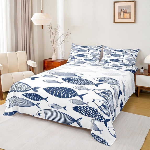 Homewish Boho Fish Twin Sheet Sets,Bohemain Theme Twin Fitted Sheet,Deepblue White Flat Sheet For Boys Kids,Breathable Home Decor,3 Pieces