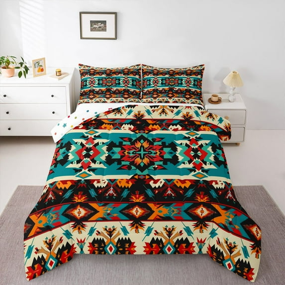 Homewish Boho Flower 3-Piece Full Size Comforter Sets For Boys Girls,Tribal Aztec Bedding Comforter Set,Bohemian Hippie Theme Lightweight Bedding Sets,Super Cozy Room Decor,Reversible