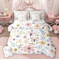Homewish Boho Flower Butterfly 7-Piece Twin Bedding Sets,Rustic Floral Bedding Comforter Set,Pink White Blue Sheet Sets For Girls Teens,Ultra Soft Home Decor Reversible