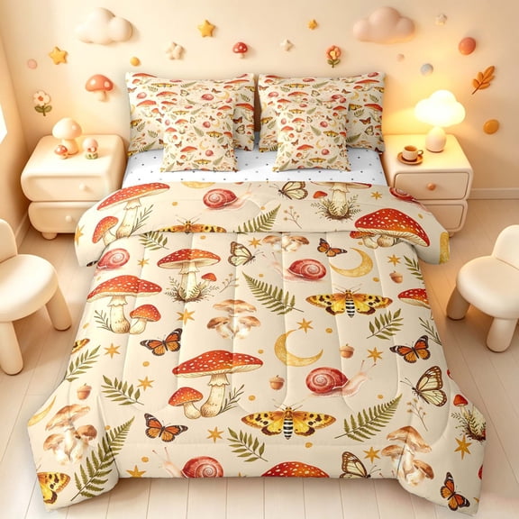 Homewish Boho Fungus Plant 7 Pieces Full Size Bedding Sets,Moon Stars Moths Butterfly Full Size Bed in a Bag,Beige,Reversible