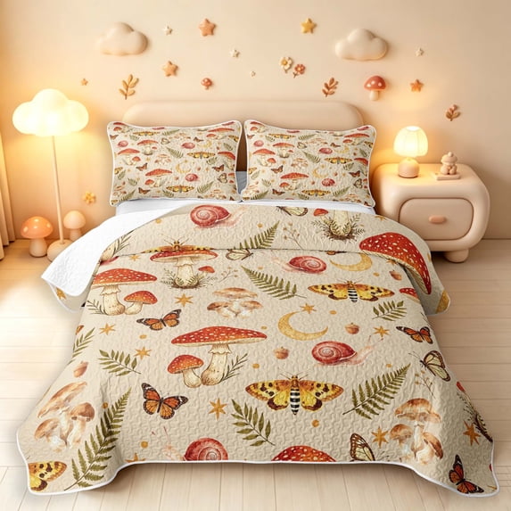 Homewish Boho Fungus Plant Twin Quilt Set,Moon Stars Moths Butterfly Twin Coverlet Set,Beige,Reversible,2pcs