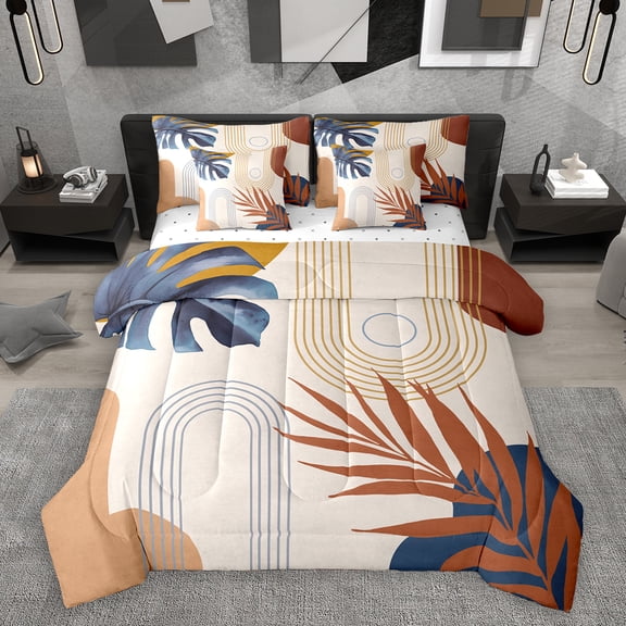 Homewish Boho Geometric Aesthetic 7-Piece Bedding Comforter Set,Abstract Stripes Circles King Bedding Sets,Brown Beige Bed Sheets For Girl,Breathable Home Decor Reversible