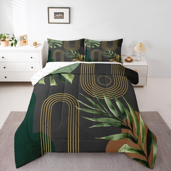 Homewish Boho Geometric Aesthetic Bedding Comforter Set,Abstract Stripes Circles Twin Comforter Sets,Green Brown Bedding Set For Girl,Breathable Home Decor Reversible,2pcs