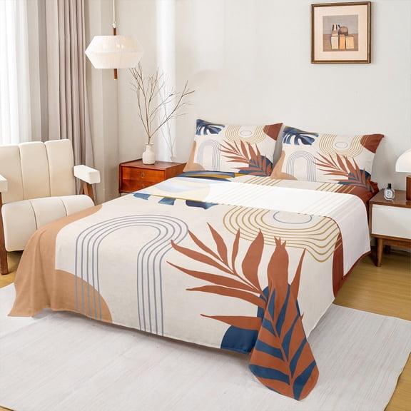 Homewish Boho Geometric Aesthetic Full Size Sheets,Abstract Stripes Circles Bed Sheets,Brown Beige Sheet Sets For Girl,Breathable Home Decor,4 Pieces