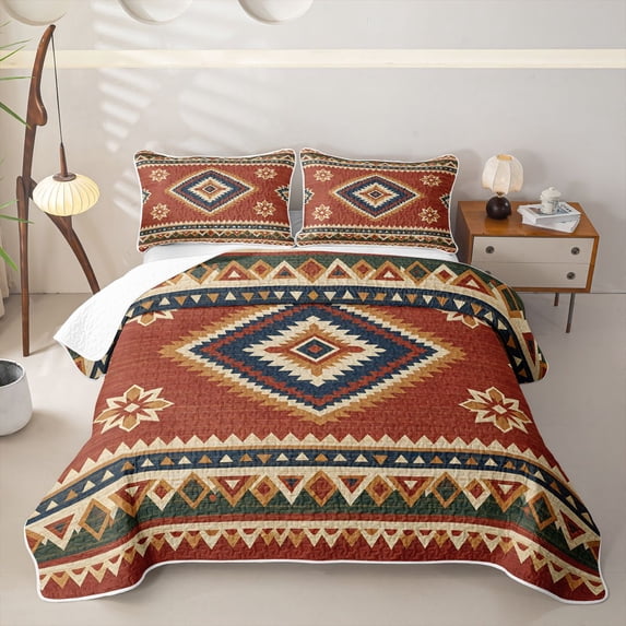 Homewish Boho Geometric Rhombus Bed Spread Queen,Horizontal Stripes Queen Coverlet Set,Brown Green,3-Piece